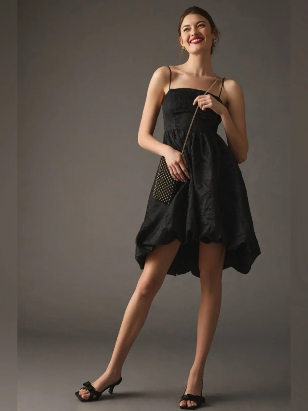Anthropologie Black Jacquard Bubble Dress 16W Spaghetti Strap Party Cocktail - Picture 10 of 12